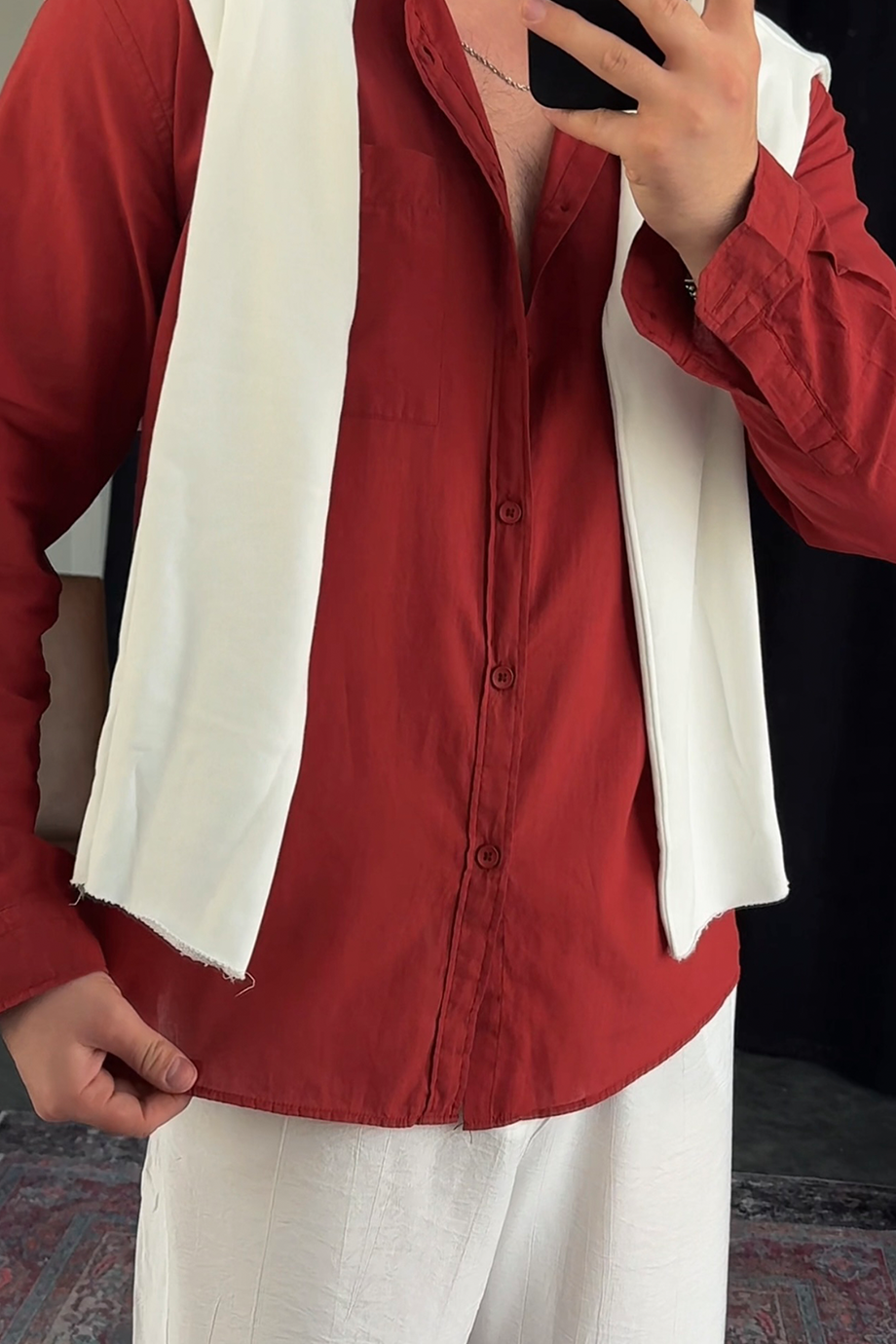 KİREMİT GÖĞÜS CEP VE BASKI DETAYLI GÖMLEK