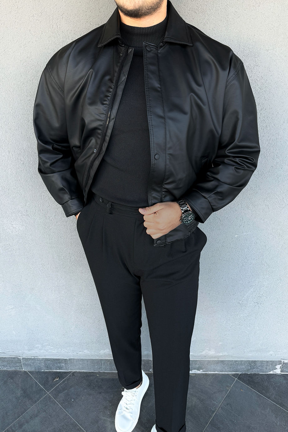 SİYAH İÇİ FULL KÜRKLÜ OVERSİZE DERİ MONT