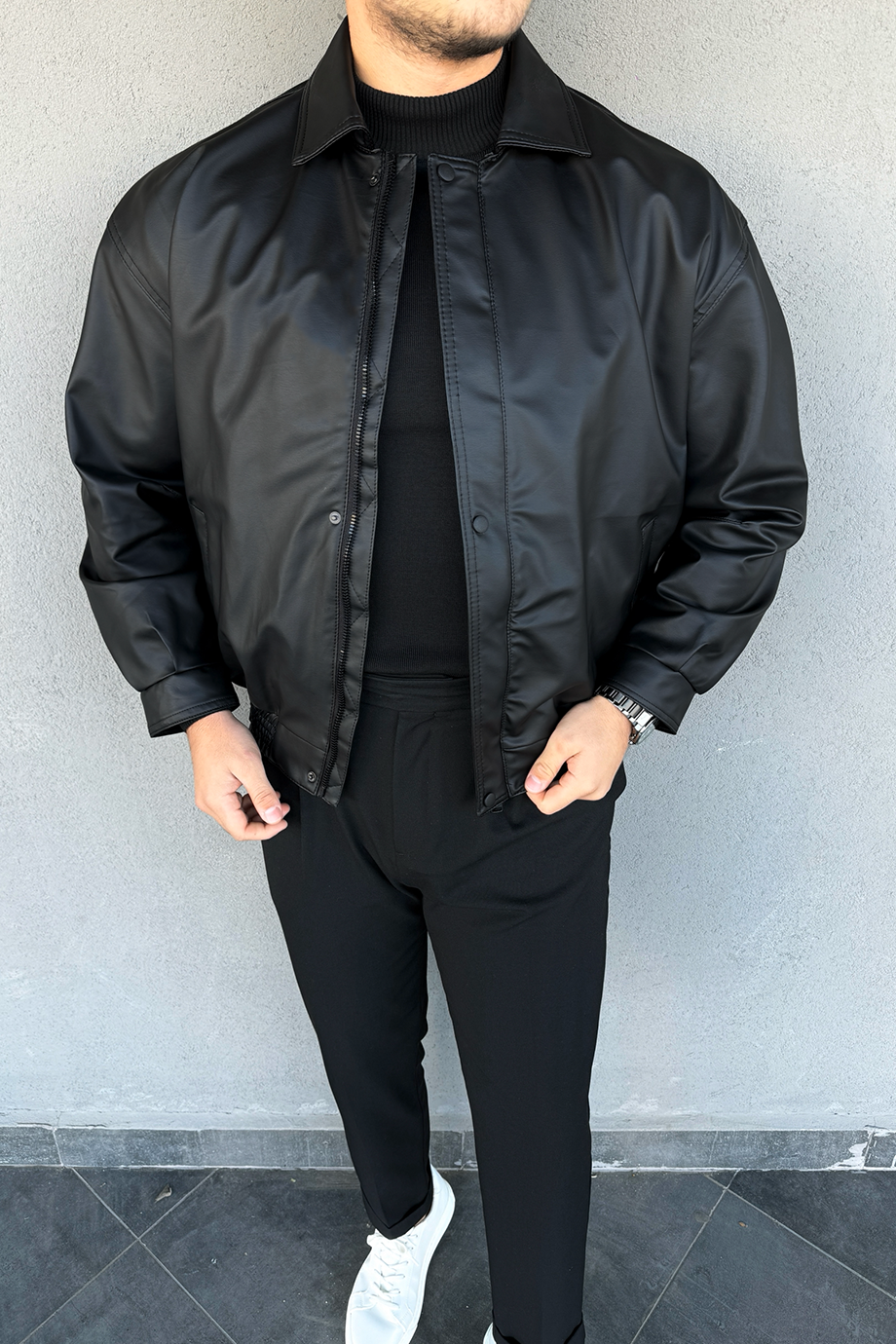 SİYAH İÇİ FULL KÜRKLÜ OVERSİZE DERİ MONT