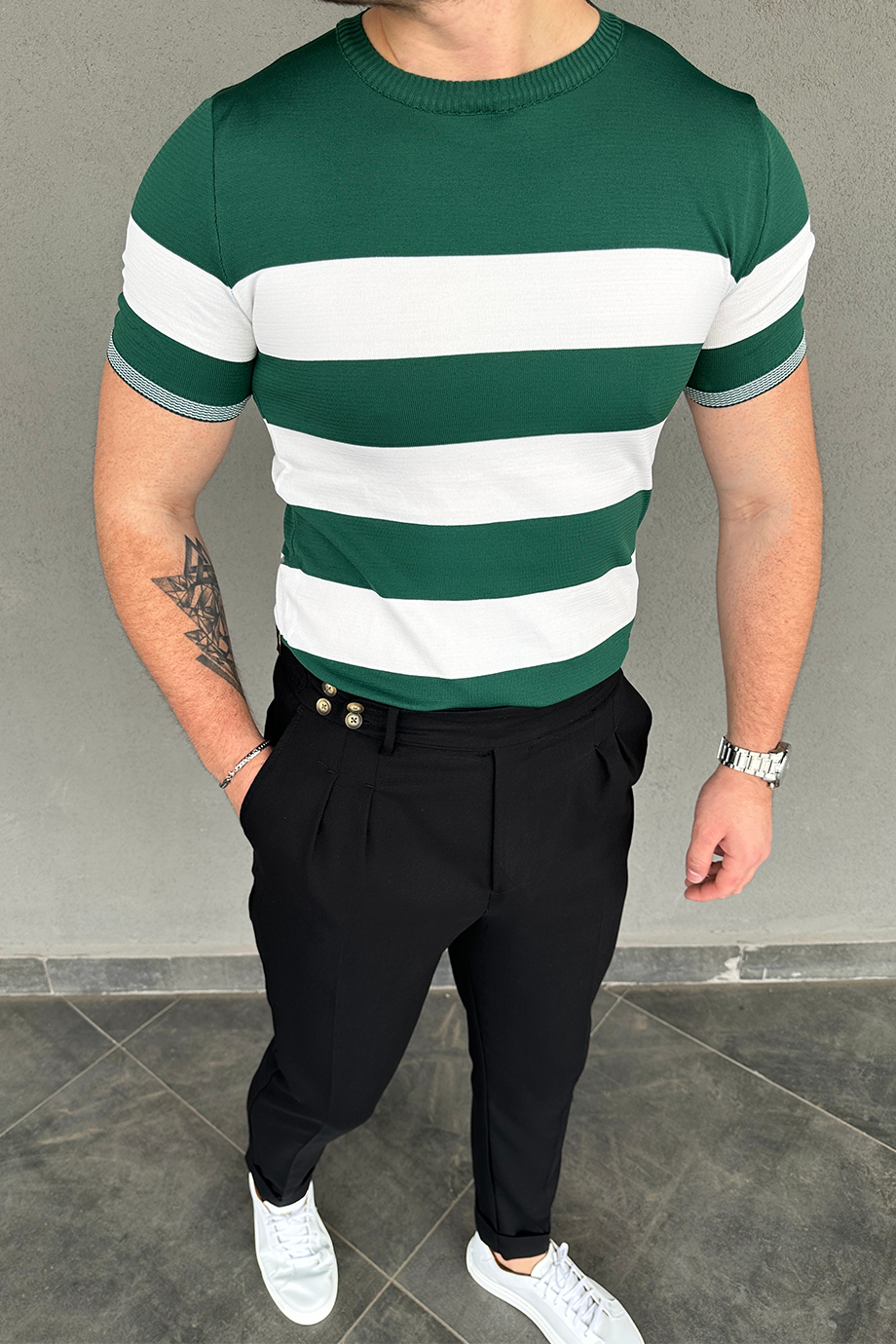 YEŞİL-BEYAZ BEL VE KOL DETAYLI ÇİZGİLİ TRİKO