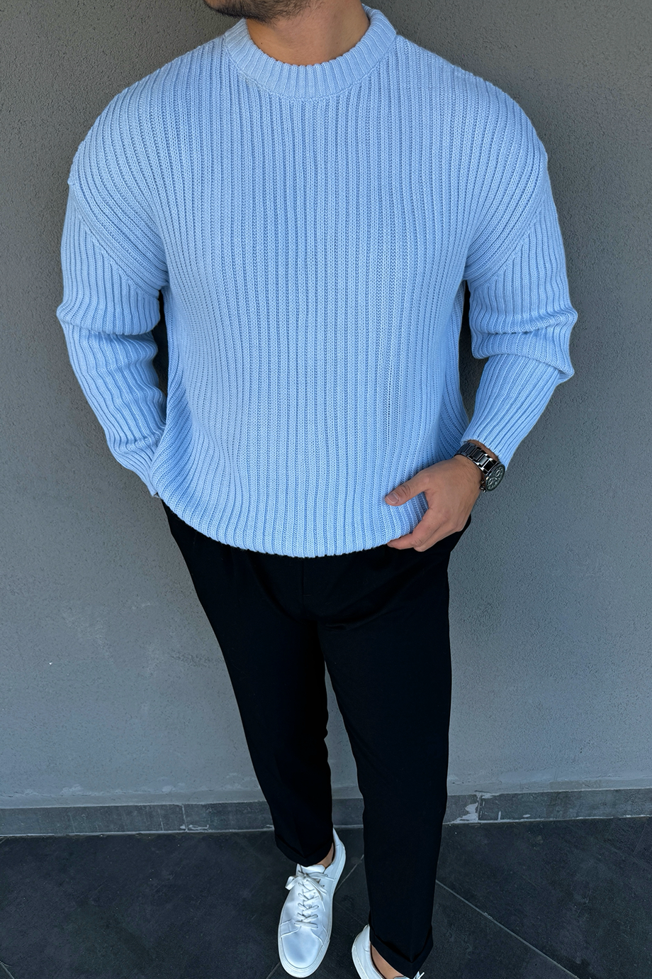  BEBE MAVİSİ OVERSIZE KALIP BİSİKLET YAKA ÖRME KAZAK