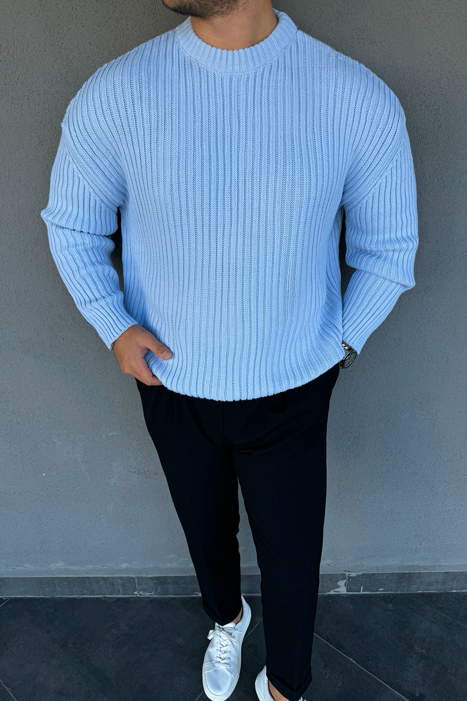  BEBE MAVİSİ OVERSIZE KALIP BİSİKLET YAKA ÖRME KAZAK