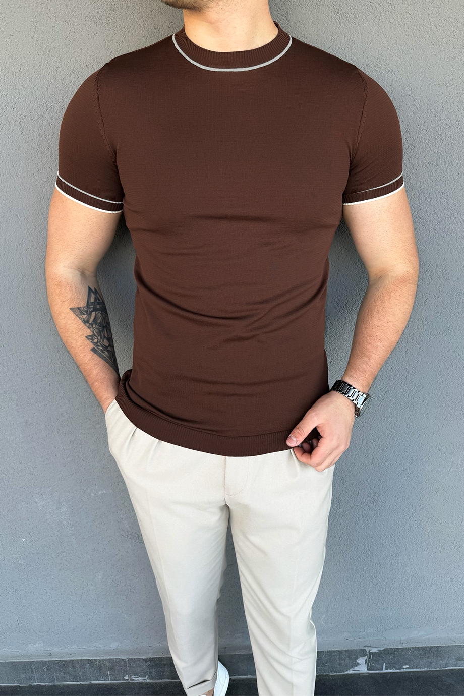 ACI KAHVE BİSİKLET YAKA ÇİZGİLİ TRİKO T-SHİRT