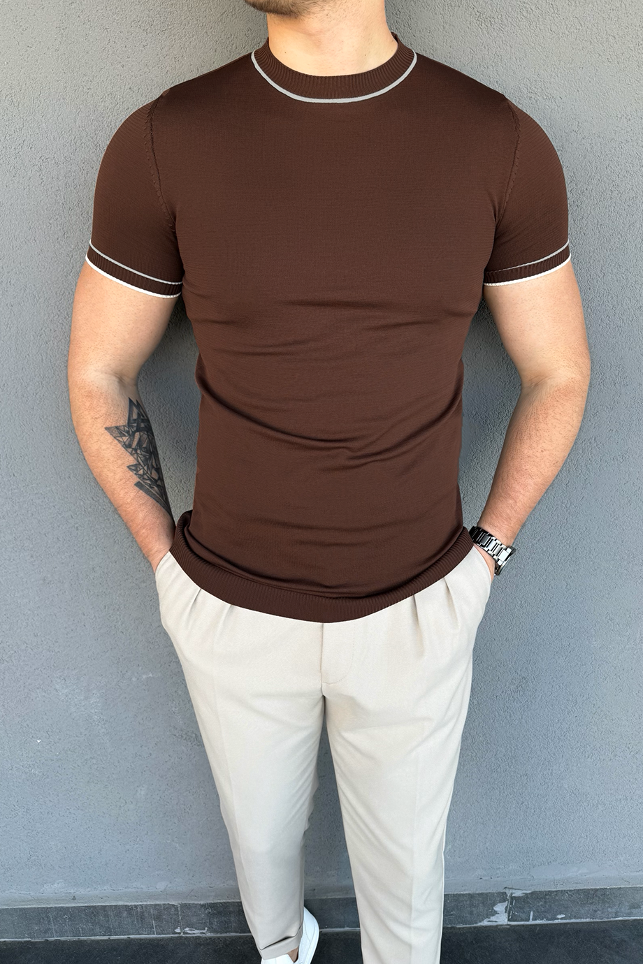 ACI KAHVE BİSİKLET YAKA ÇİZGİLİ TRİKO T-SHİRT