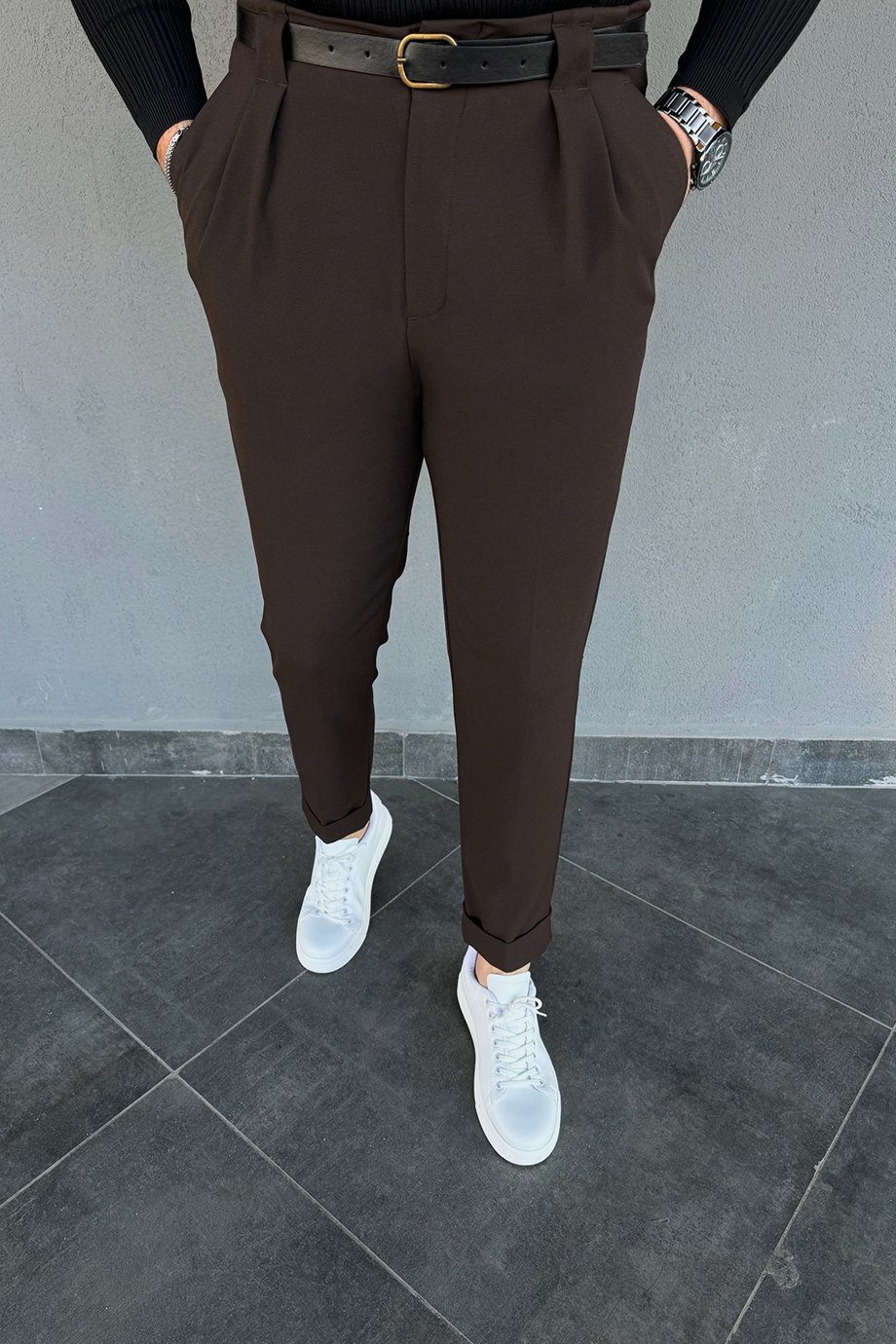 ACI KAHVE KEMER DETAYLI İTALYAN KESİM PANTALON