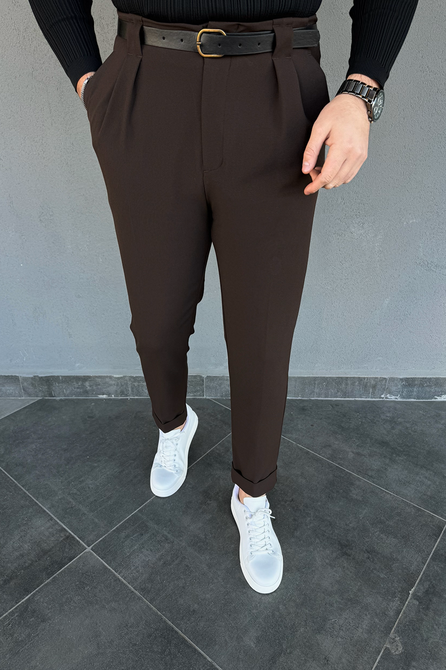 ACI KAHVE KEMER DETAYLI İTALYAN KESİM PANTALON