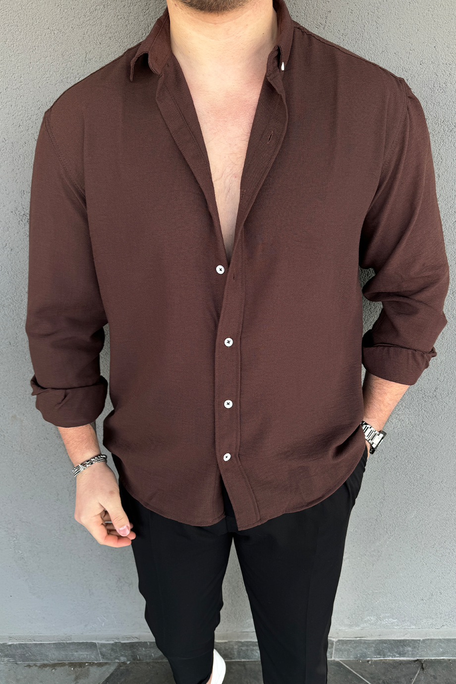 ACI KAHVE OVERSIZE KALIP KETEN KARIŞIMLI GÖMLEK