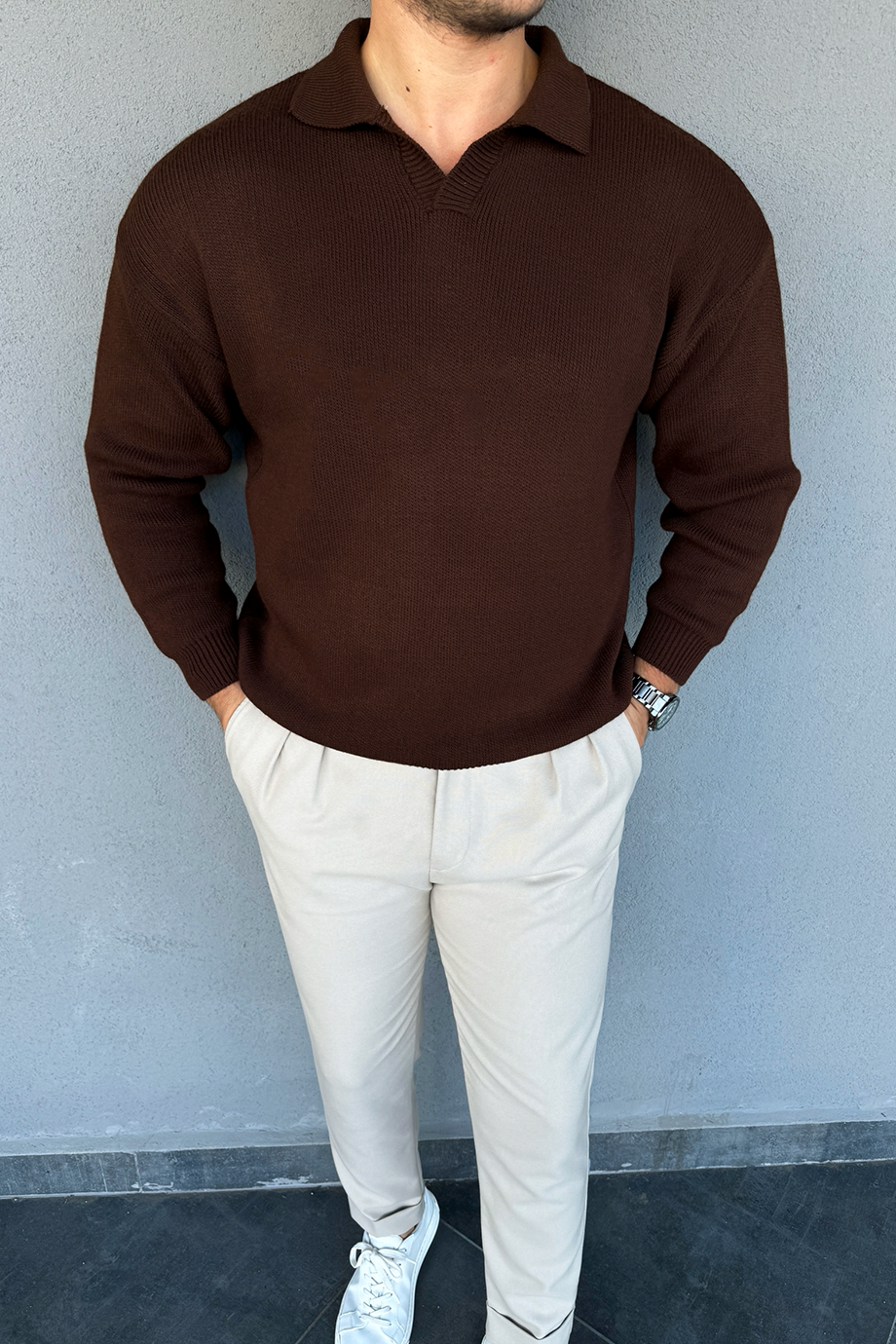 ACI KAHVE ÖZEL TASARIM AÇIK YAKA TRİKO ÖRME KAZAK