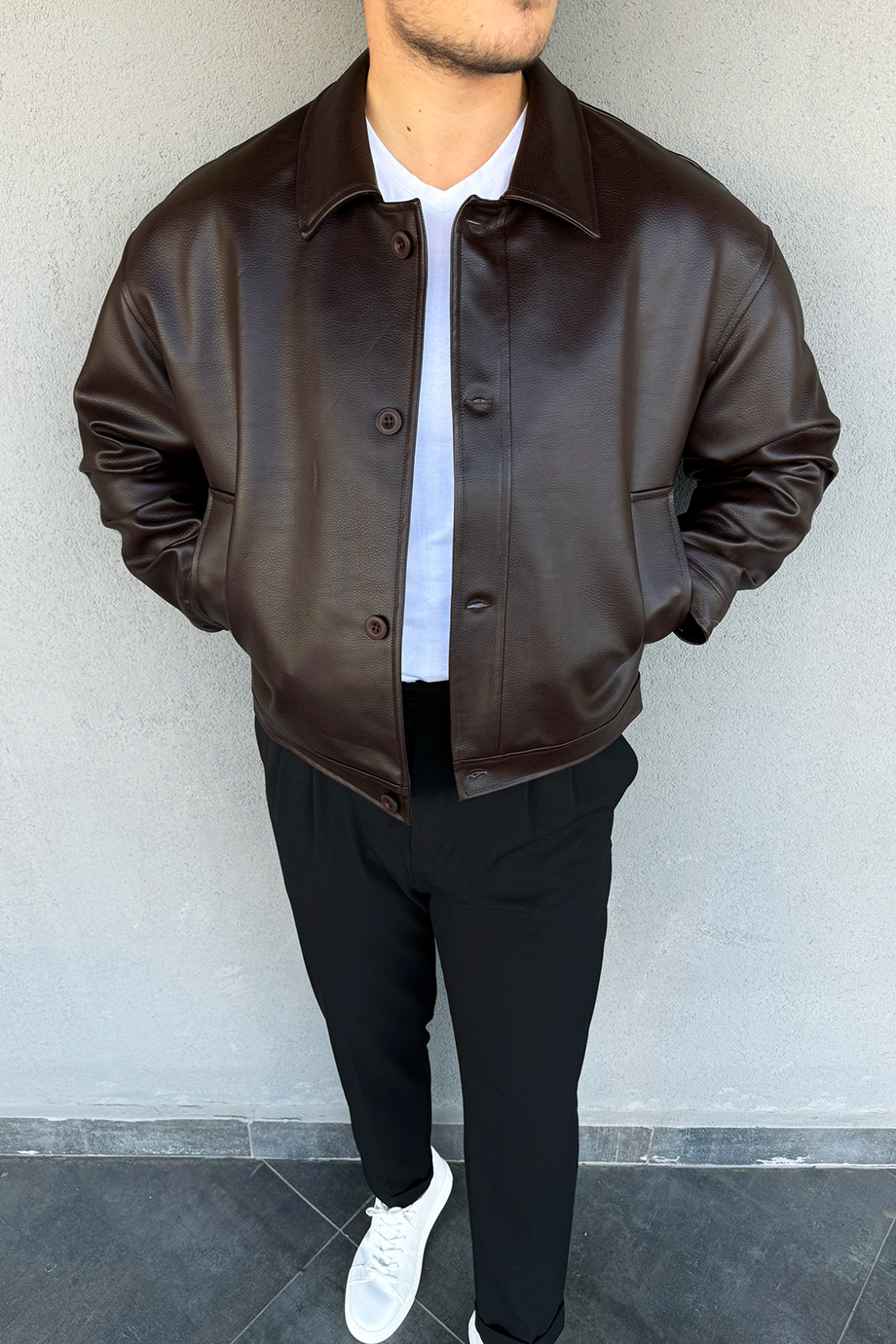 ACI KAHVE VİNTAGE RAHAT KALIP PREMİUM DERİ CEKET