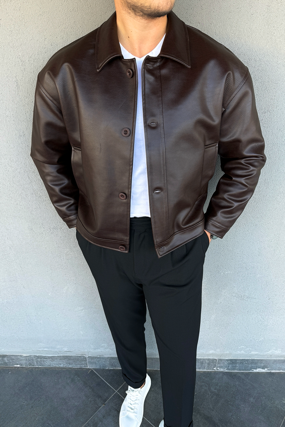 ACI KAHVE VİNTAGE RAHAT KALIP PREMİUM DERİ CEKET