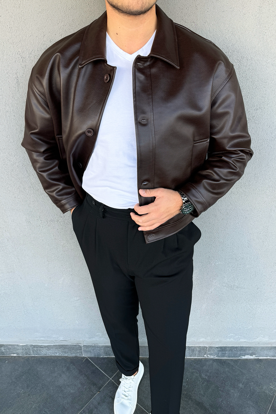 ACI KAHVE VİNTAGE RAHAT KALIP PREMİUM DERİ CEKET