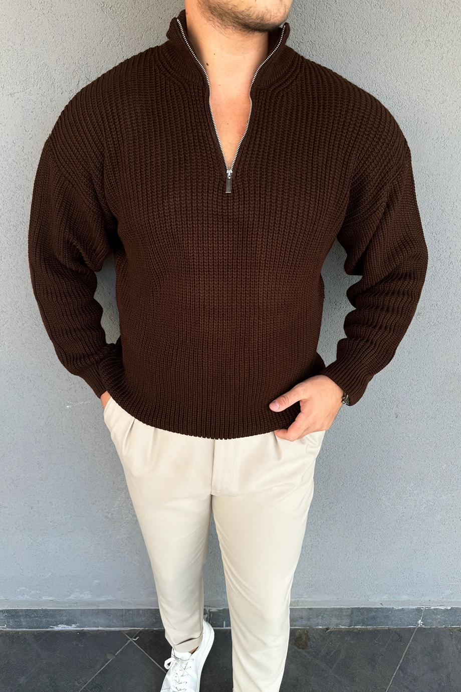 ACI KAHVE YARIM FERMUARLI OVERSİZE ÖRME KAZAK