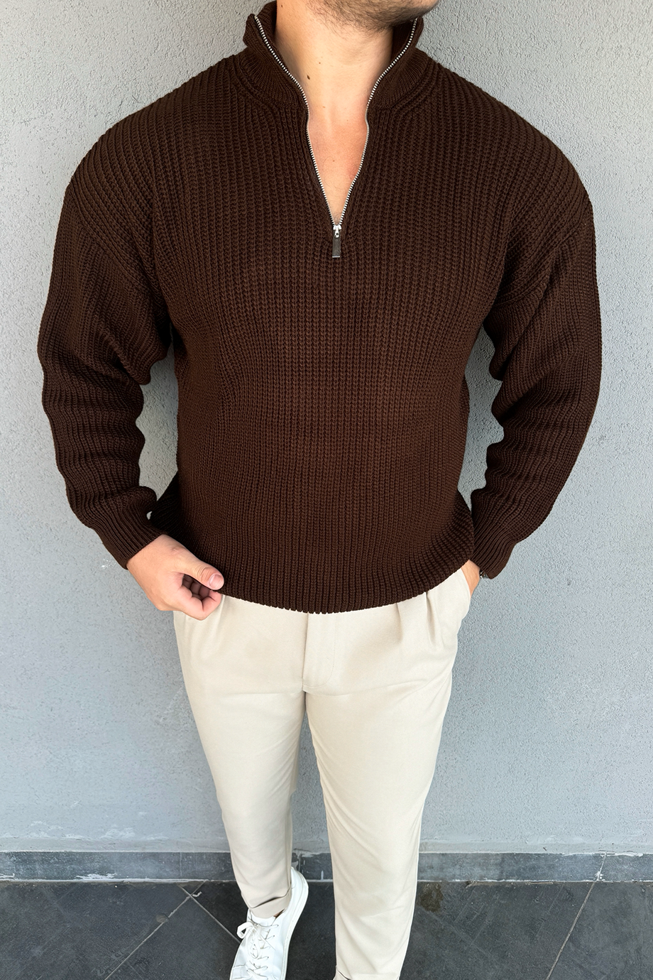 ACI KAHVE YARIM FERMUARLI OVERSİZE ÖRME KAZAK