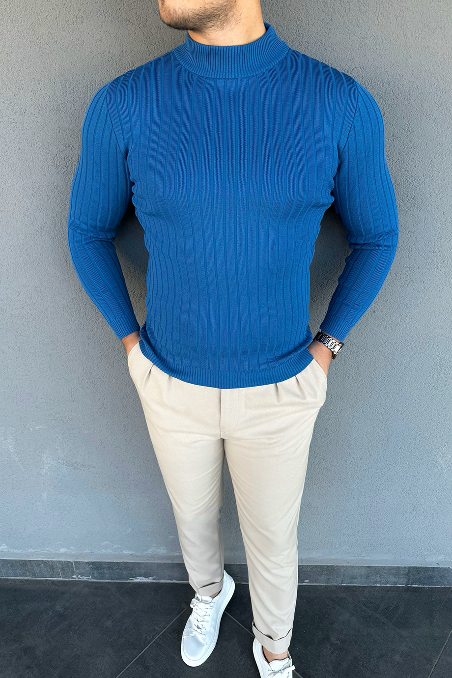 AÇIK İNDİGO FİTİLLİ BALIKÇI YAKA KAZAK