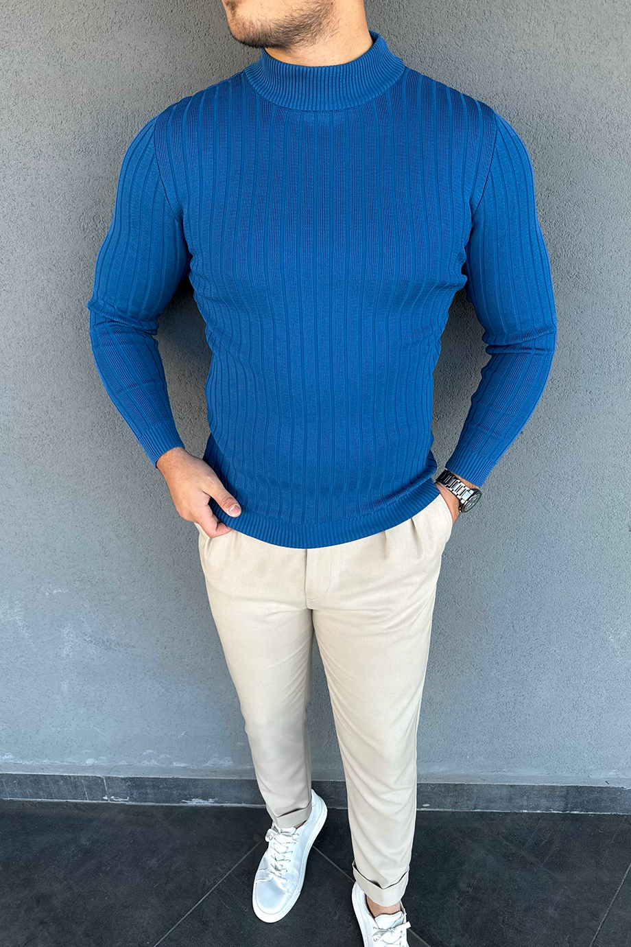 AÇIK İNDİGO FİTİLLİ BALIKÇI YAKA KAZAK