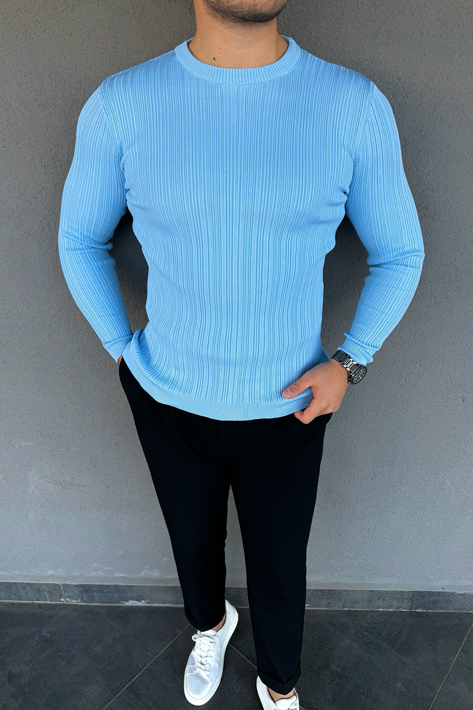 BEBE MAVİSİ BİSİKLET YAKA CAM KIRIĞI DESENLİ KAZAK