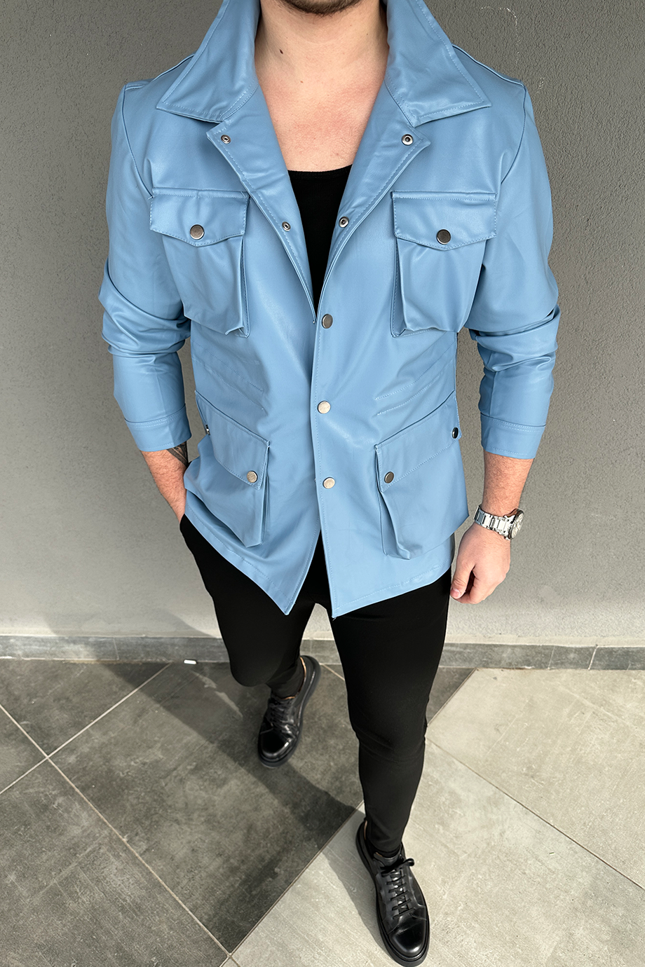 BEBE MAVİSİ KÖRÜKLÜ DERİ CEKET