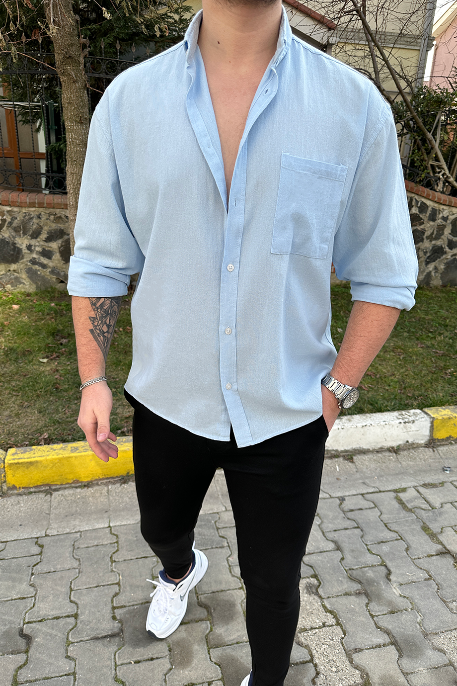 BEBE MAVİSİ OVERSIZE HAM KETEN GÖMLEK