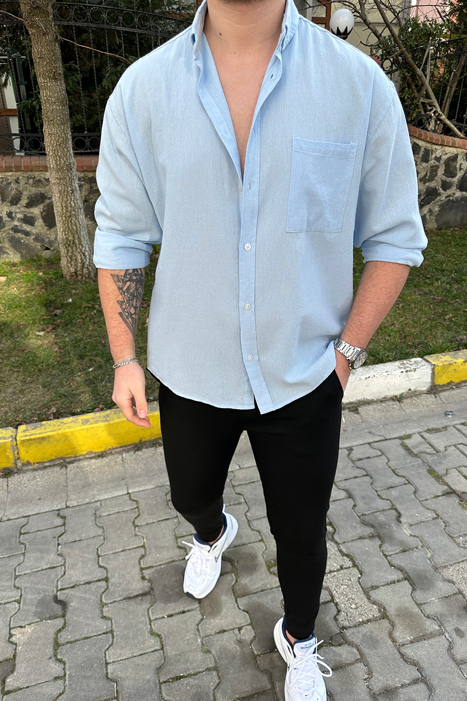 BEBE MAVİSİ OVERSIZE HAM KETEN GÖMLEK