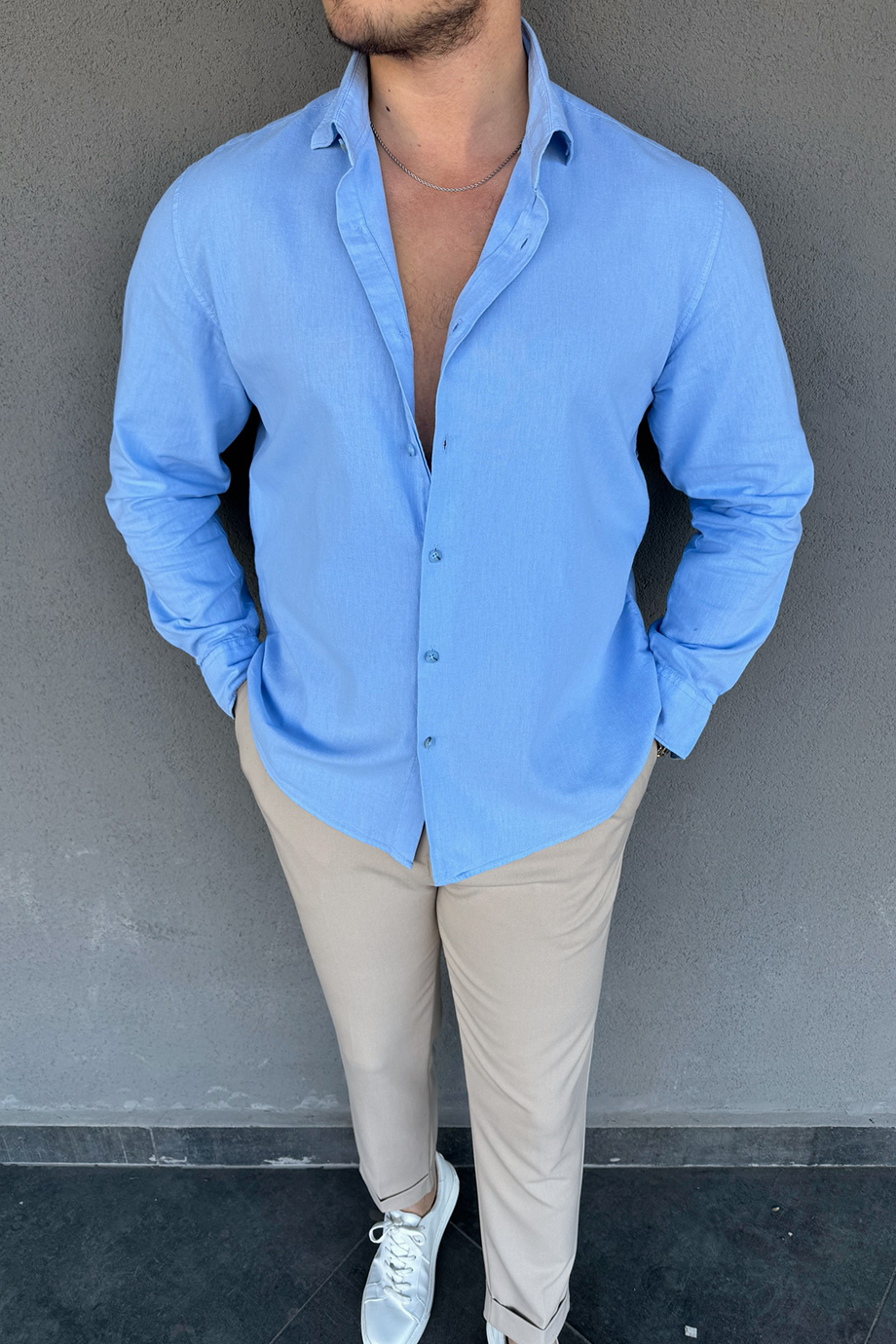 BEBE MAVİSİ REGULAR FİT PREMİUM SERİ KETEN GÖMLEK