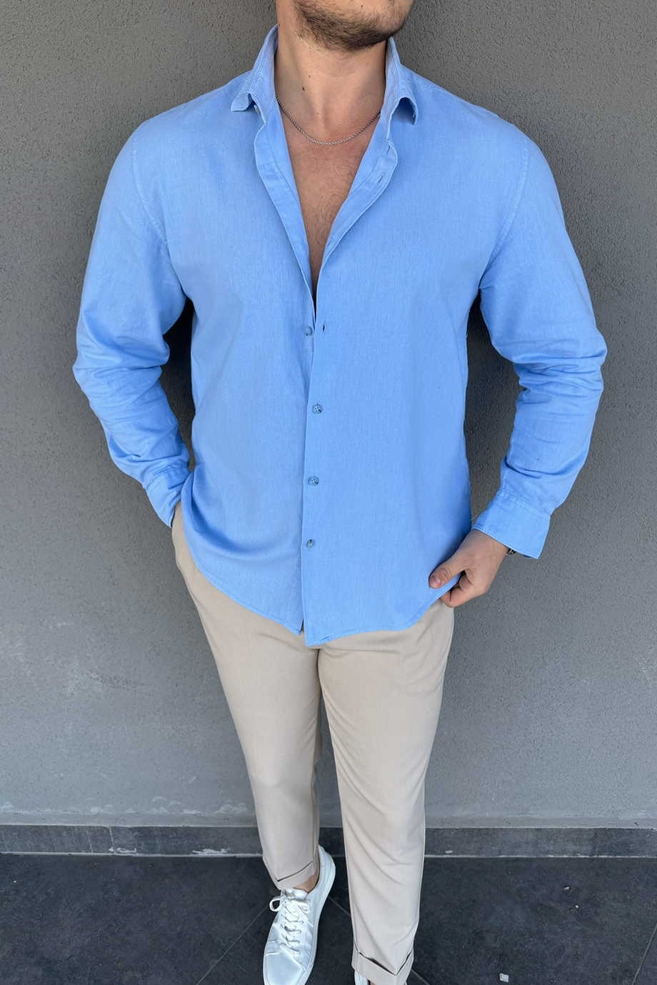 BEBE MAVİSİ REGULAR FİT PREMİUM SERİ KETEN GÖMLEK