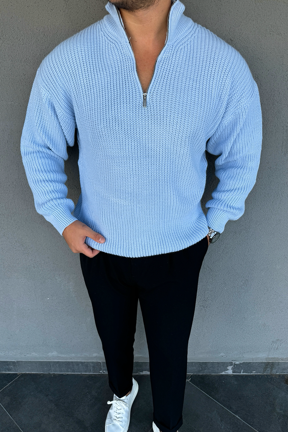 BEBE MAVİSİ YARIM FERMUARLI OVERSİZE ÖRME KAZAK