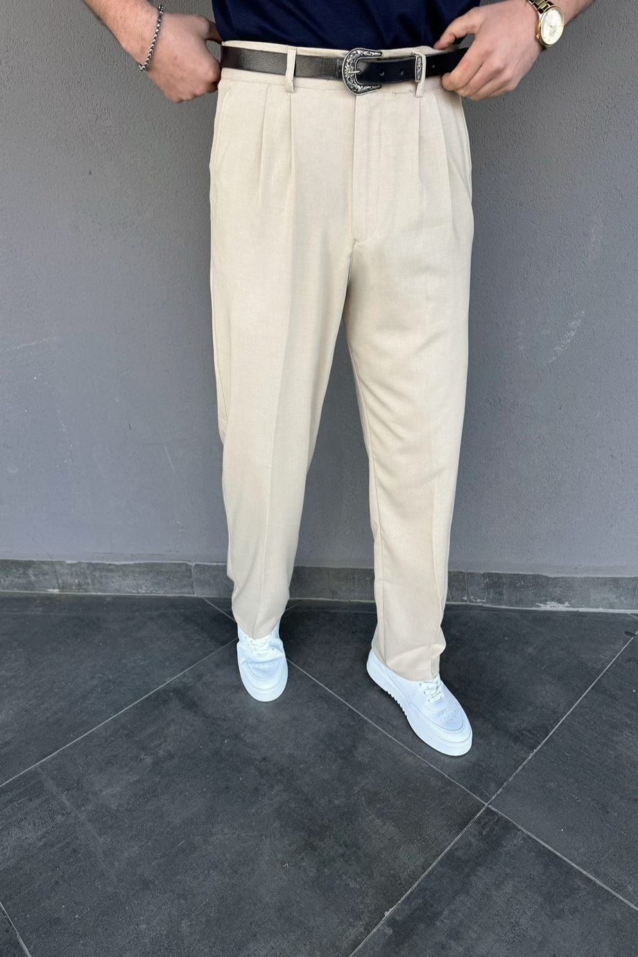 BEJ BAGGY KALIP KUMAŞ PANTALON