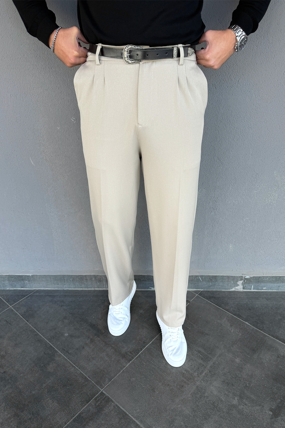 BEJ BAGGY KALIP KUMAŞ PANTOLON