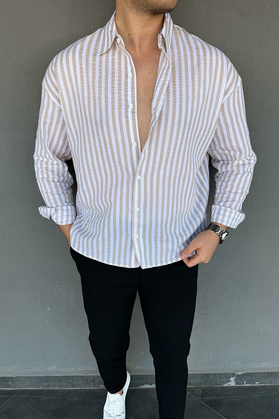 BEJ-BEYAZ ÇİZGİLİ GÖMLEK