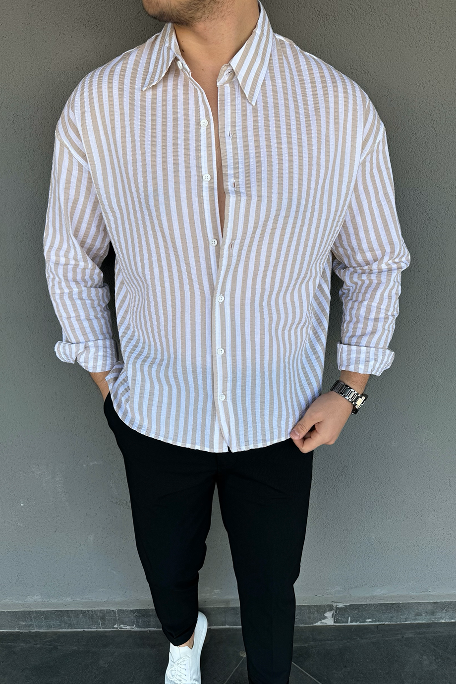 BEJ-BEYAZ ÇİZGİLİ GÖMLEK