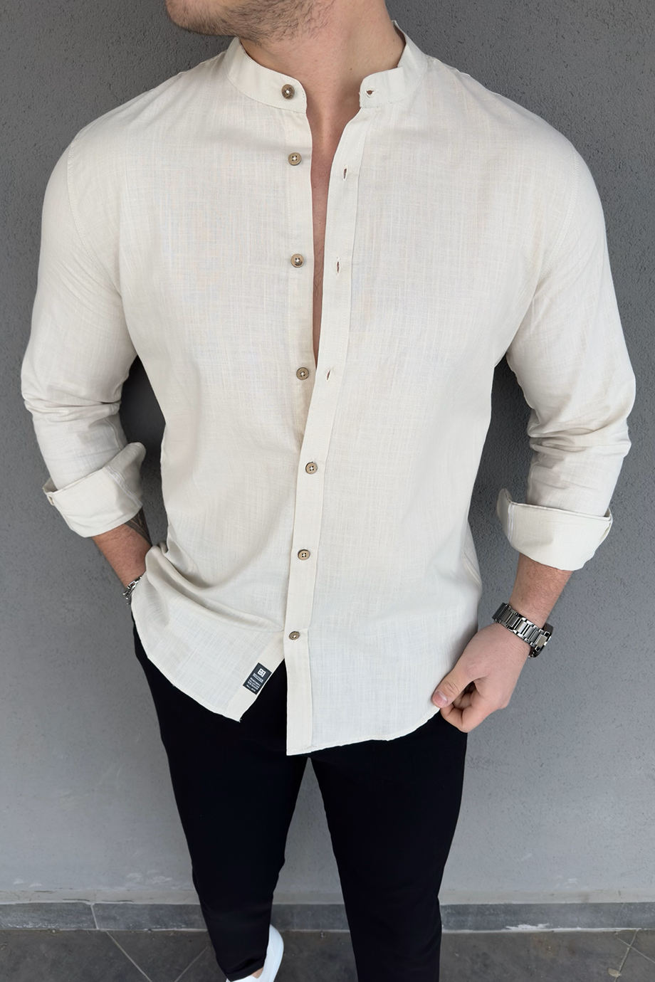 BEJ HAKİM YAKA KETEN KARIŞIMLI GÖMLEK