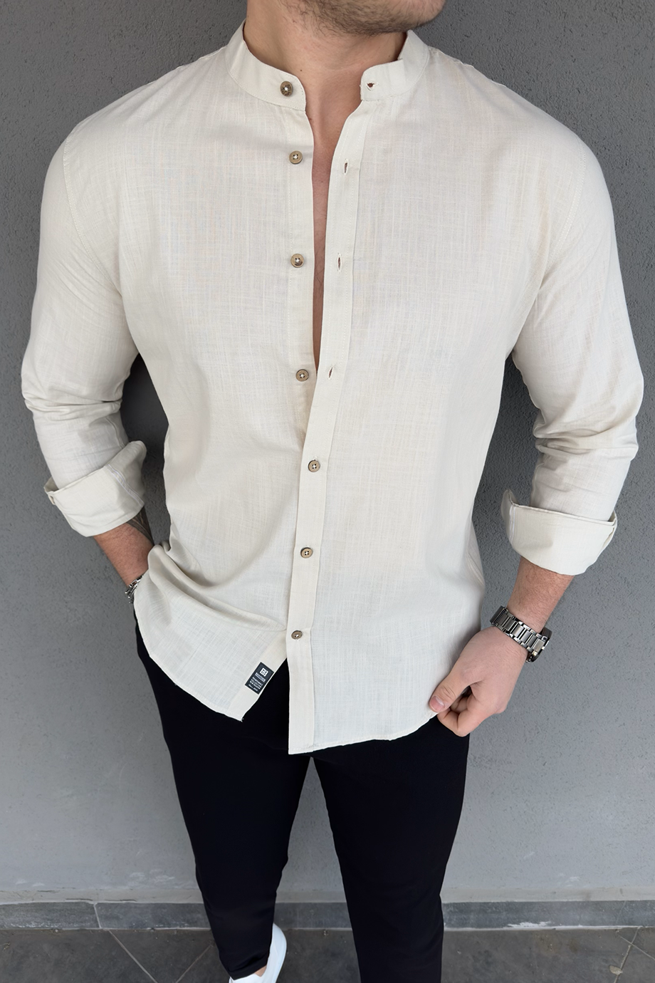 BEJ HAKİM YAKA KETEN KARIŞIMLI GÖMLEK