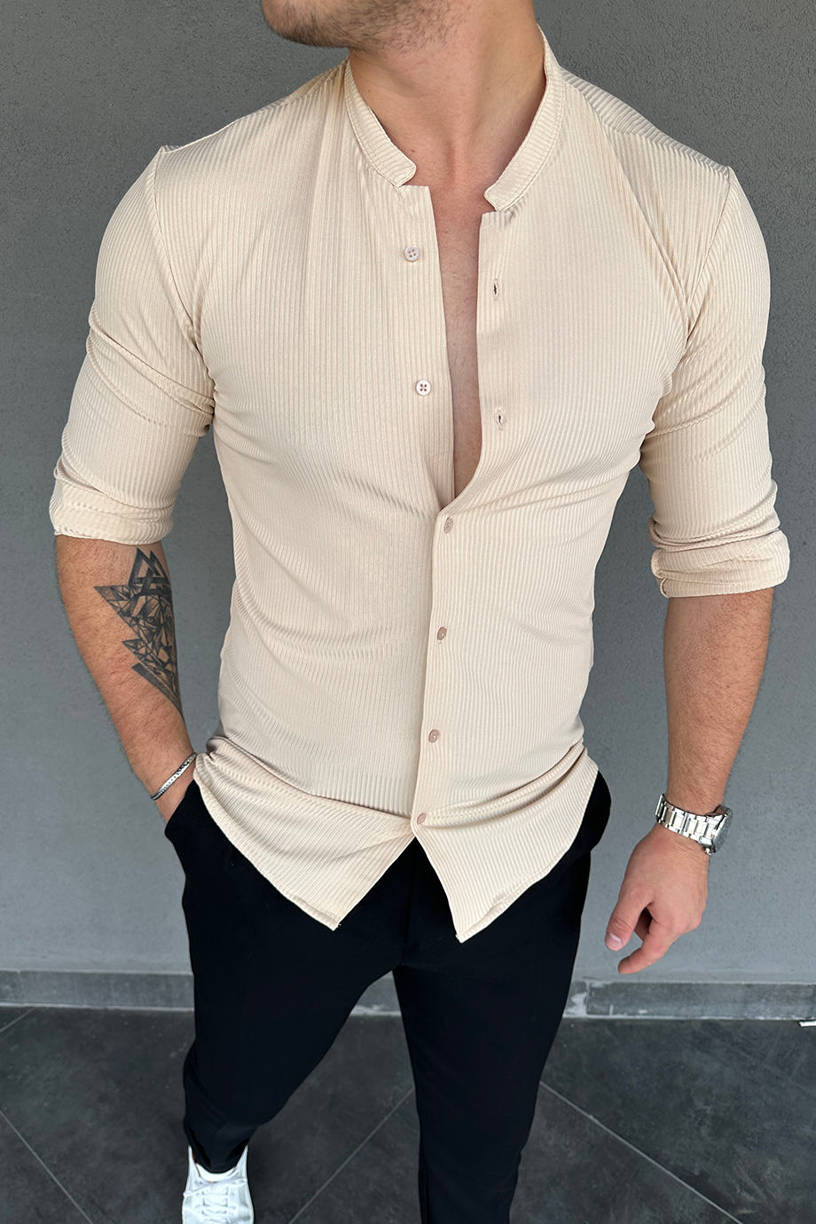 BEJ HAKİM YAKA TASARIM GÖMLEK