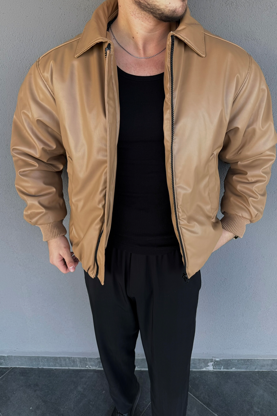 BEJ İÇİ FULL DOLUM ELYAFLI ŞİŞME İNDİRİMLİ DERİ MONT