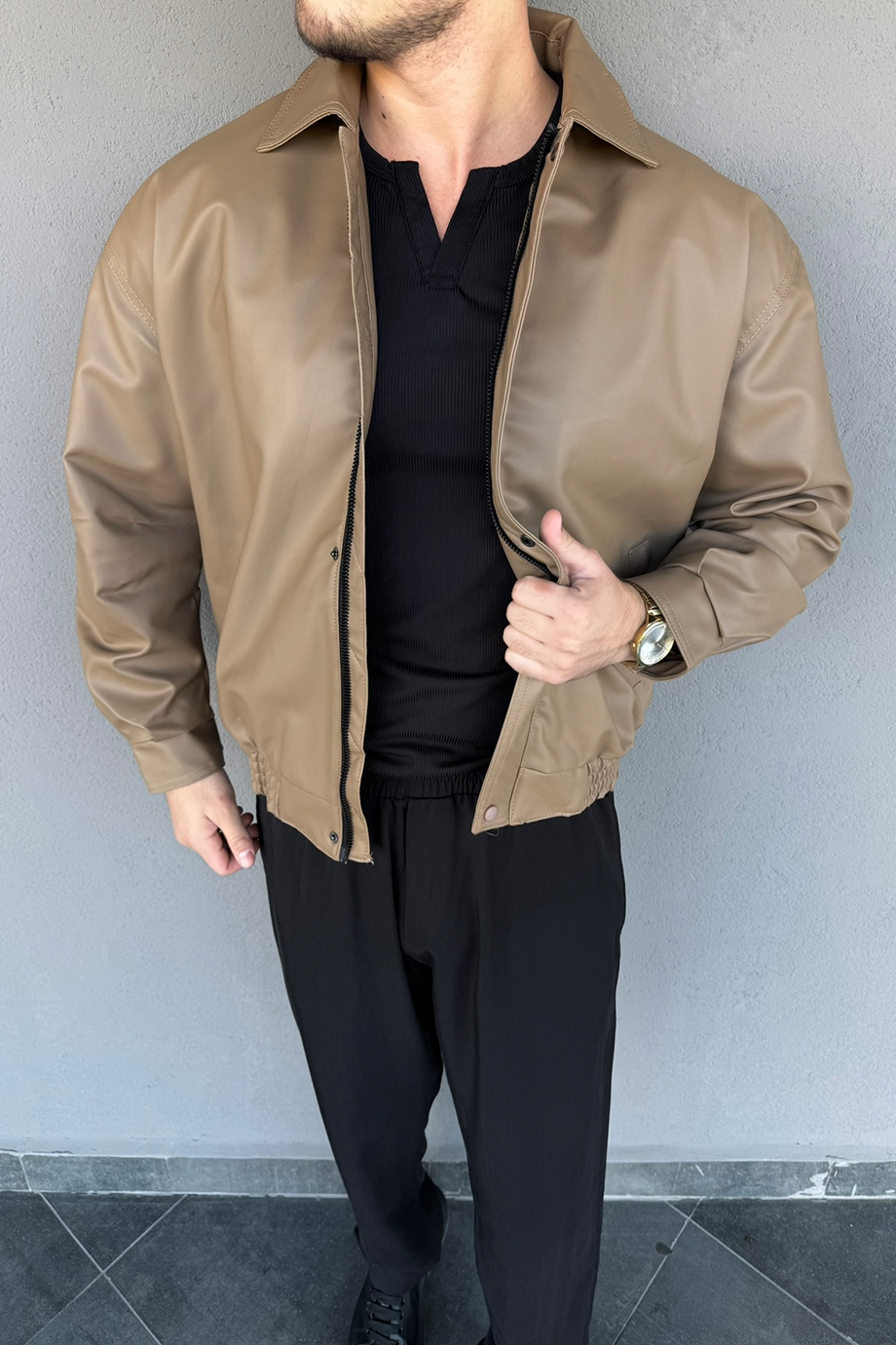 BEJ İÇİ FULL KÜRKLÜ OVERSİZE DERİ MONT