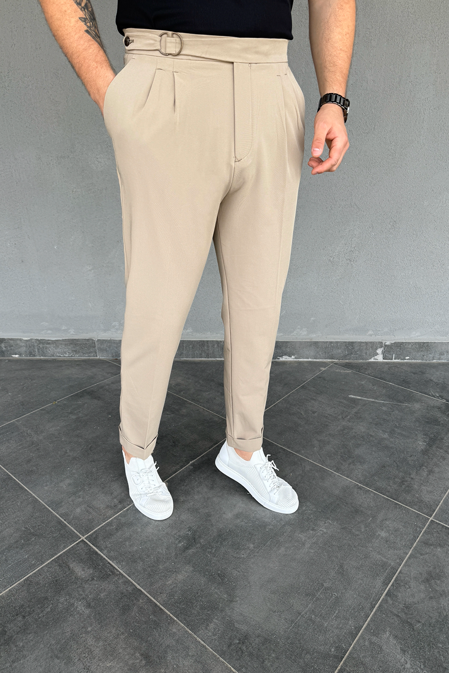BEJ İTALYAN KESİM BEL TASARIM DETAYLI PANTALON