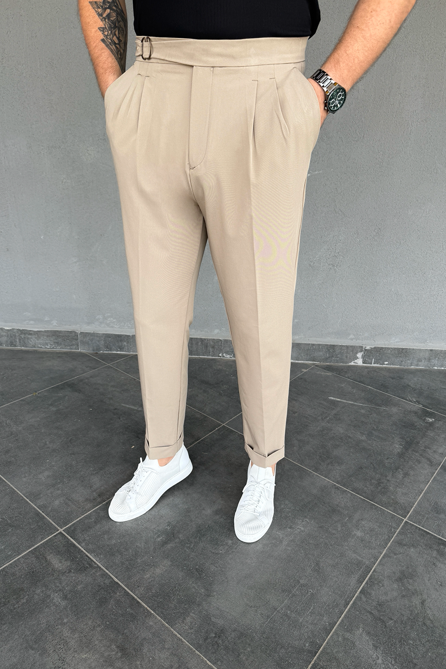 BEJ İTALYAN KESİM BEL TASARIM DETAYLI PANTALON