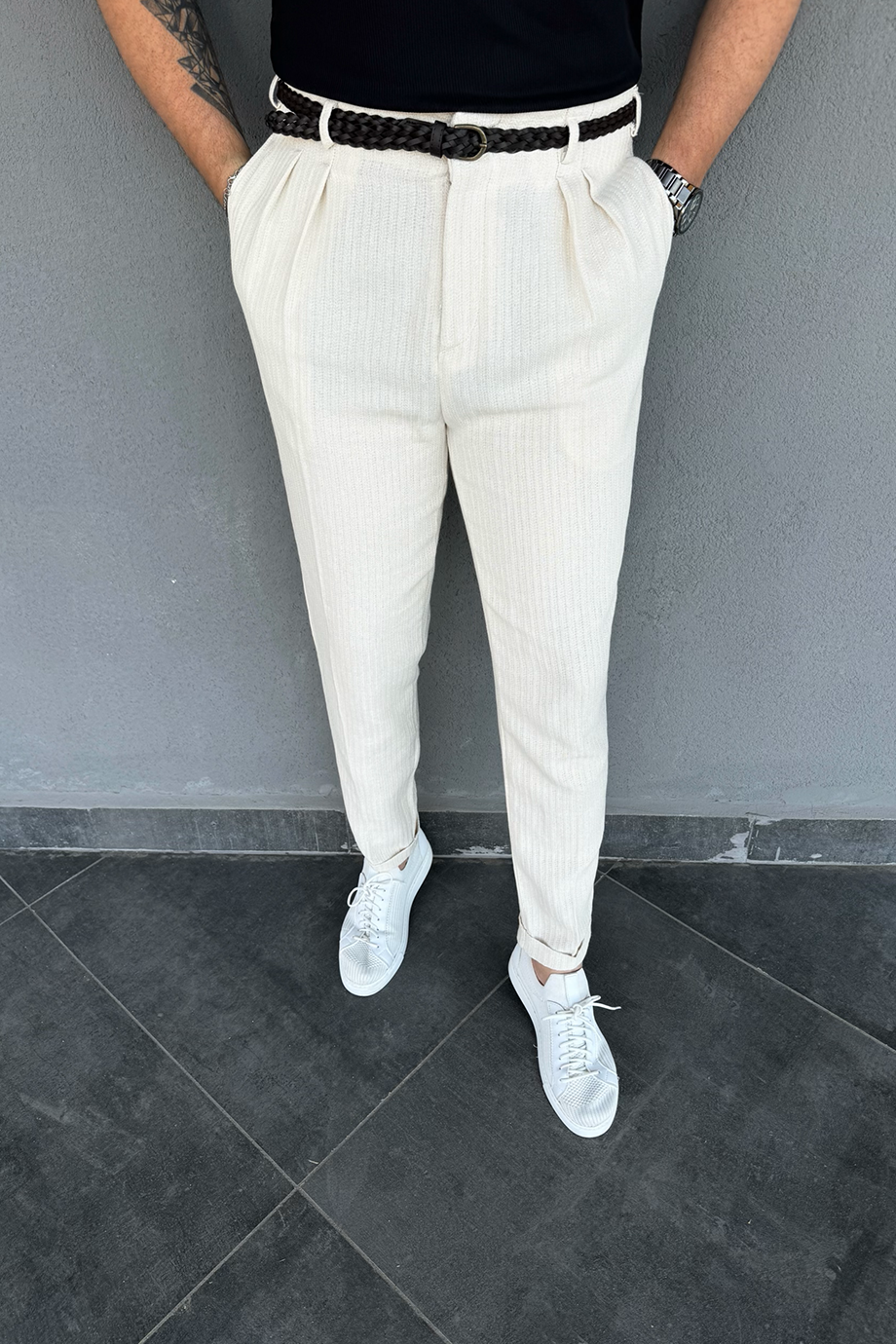 BEJ İTALYAN KESİM DESENLİ KENDİNDEN KEMERLİ PANTALON