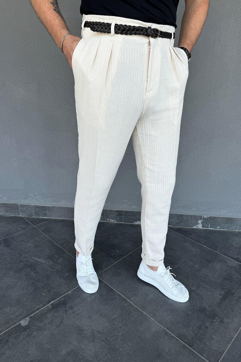 BEJ İTALYAN KESİM DESENLİ KENDİNDEN KEMERLİ PANTALON