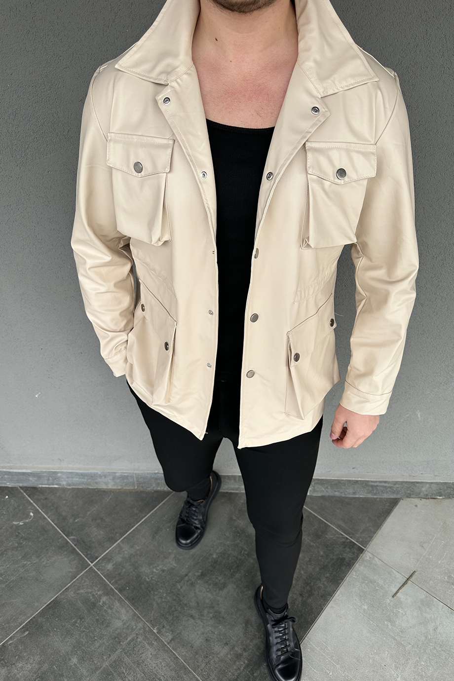 BEJ KÖRÜKLÜ DERİ CEKET