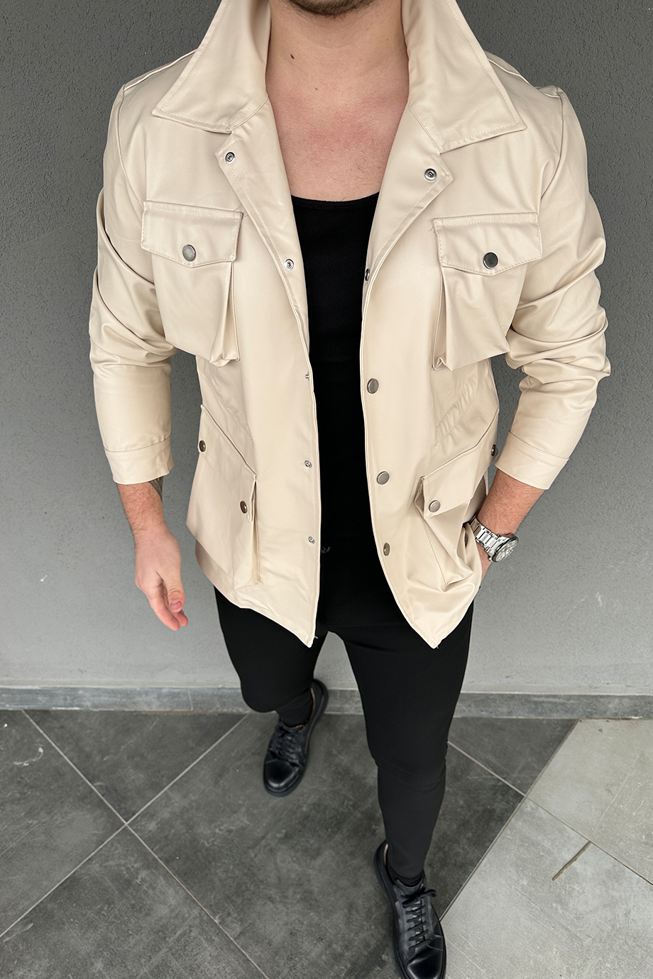 BEJ KÖRÜKLÜ DERİ CEKET