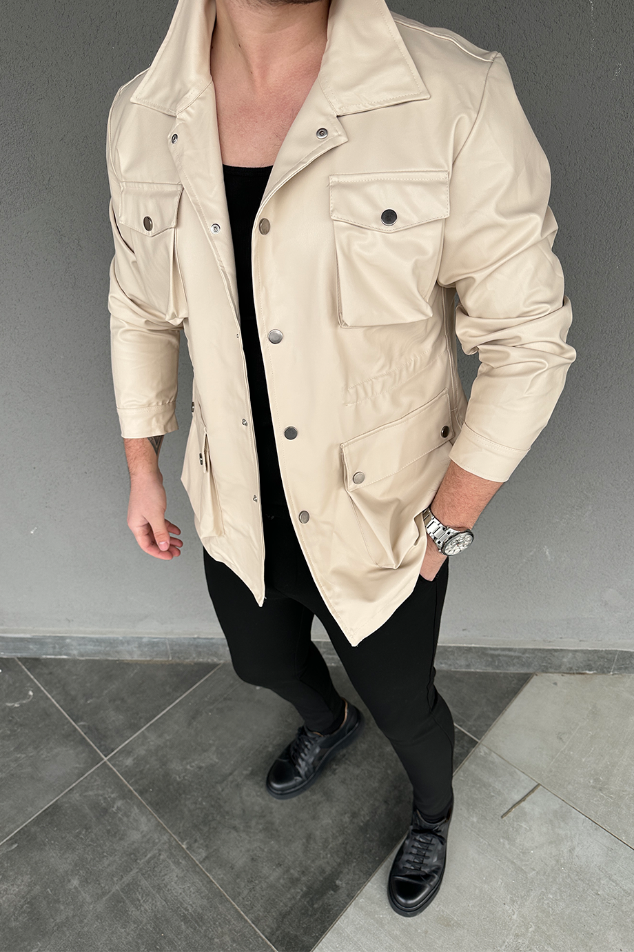 BEJ KÖRÜKLÜ DERİ CEKET