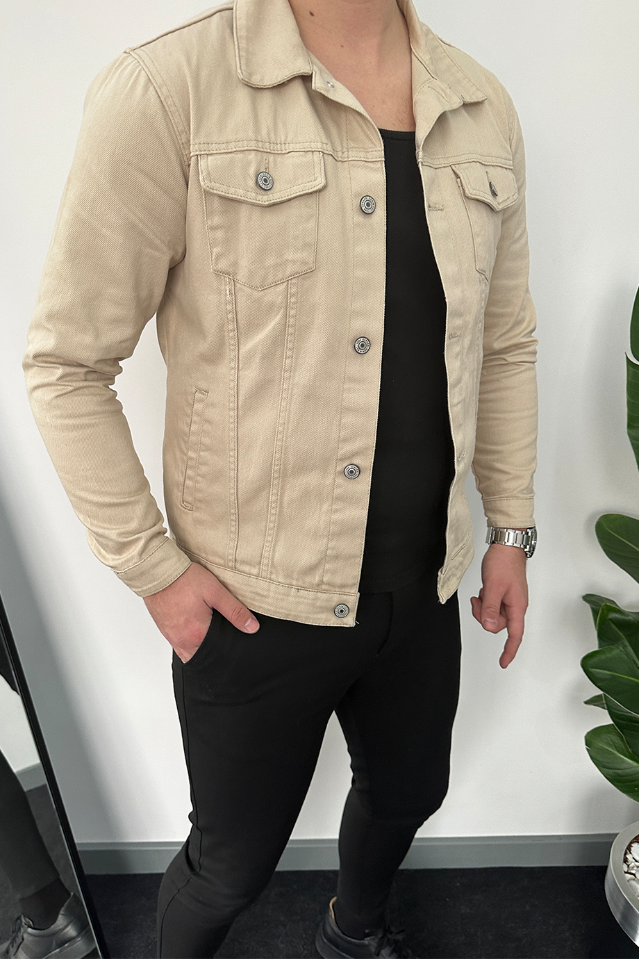 BEJ LİKRALI KOT CEKET