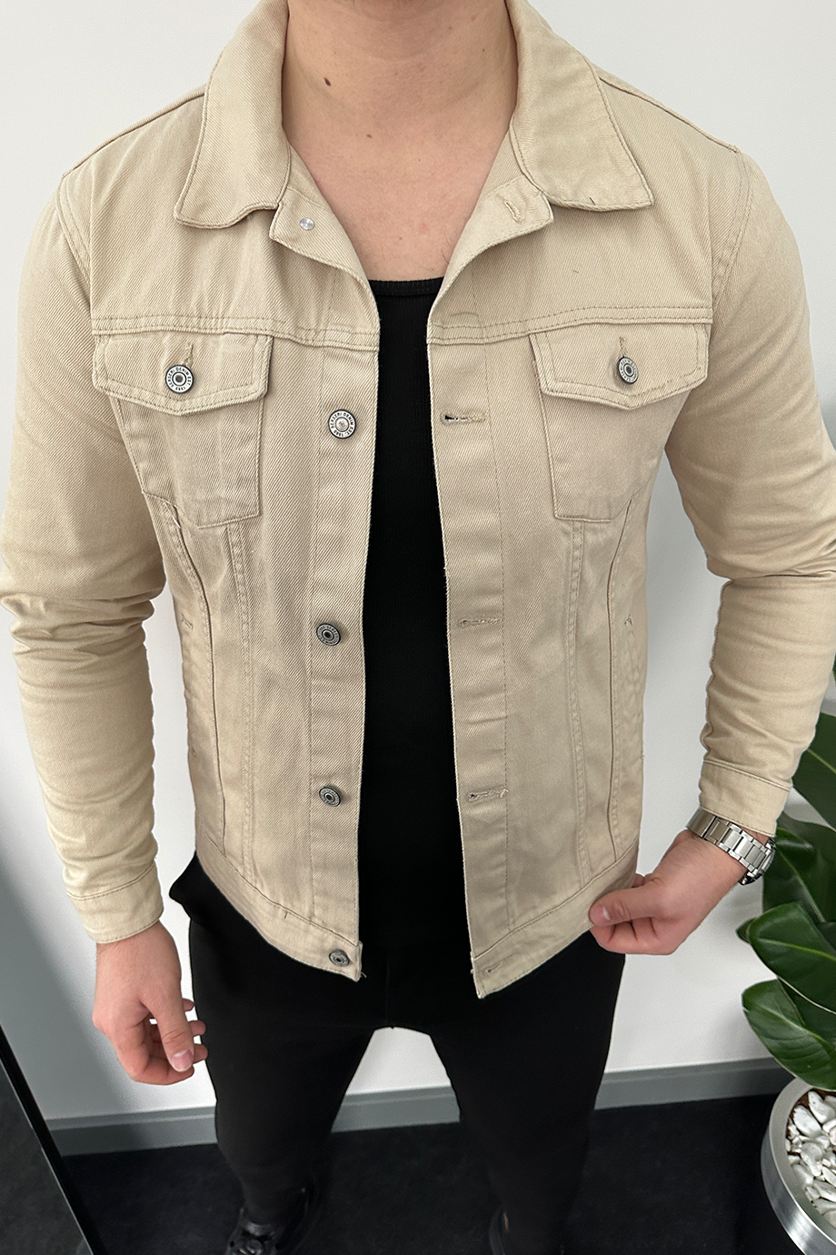 BEJ LİKRALI KOT CEKET