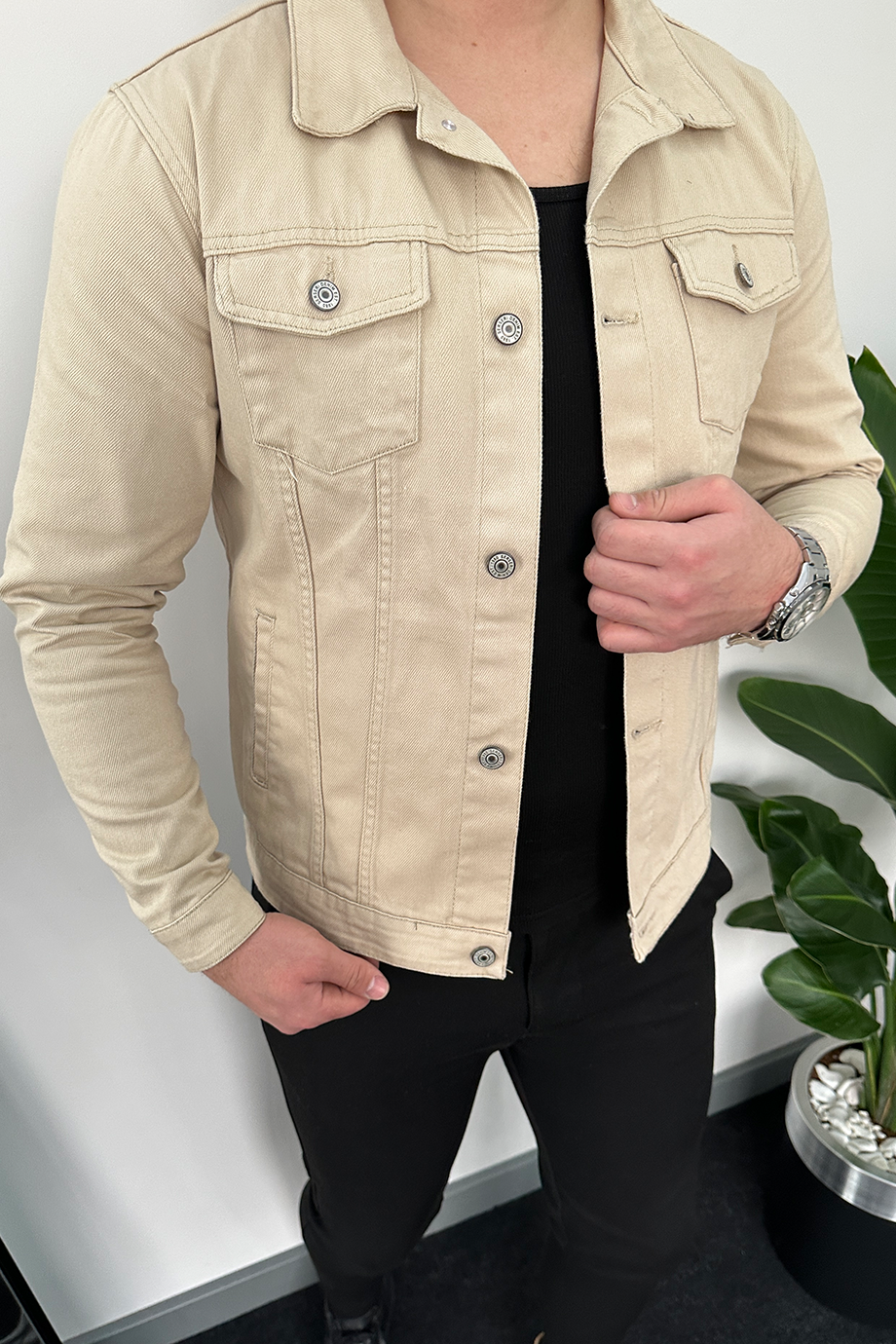 BEJ LİKRALI KOT CEKET