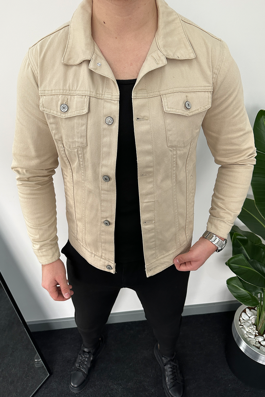 BEJ LİKRALI KOT CEKET