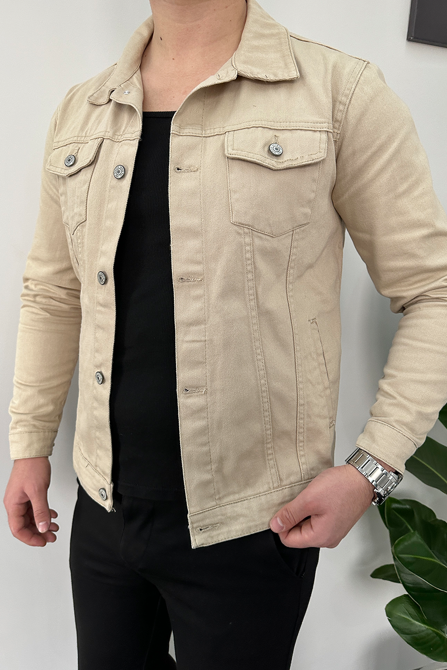 BEJ LİKRALI KOT CEKET