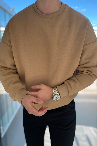 BEJ OVERSIZE BİSİKLET YAKA BASİC KAZAK