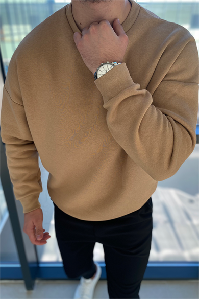 BEJ OVERSIZE BİSİKLET YAKA BASİC KAZAK