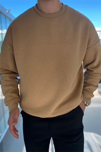 BEJ OVERSIZE BİSİKLET YAKA BASİC KAZAK